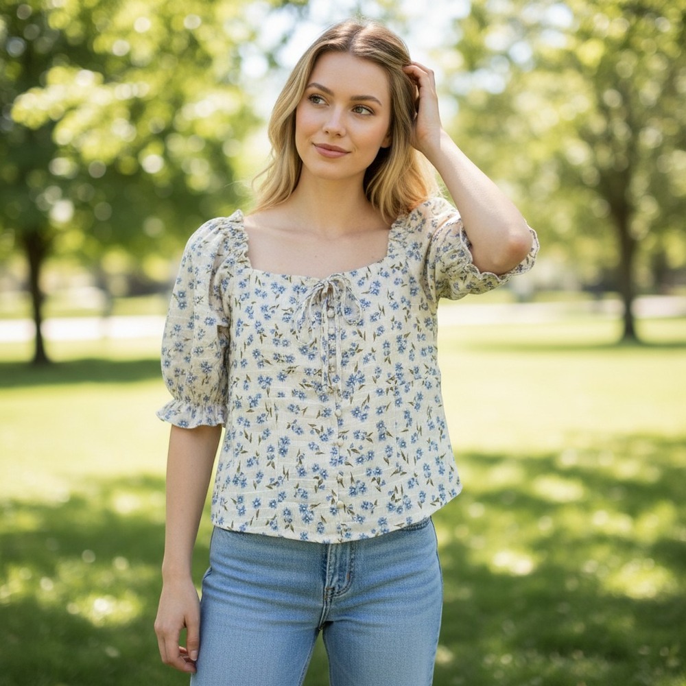 Lulus Floral Puff‎ Sleeve Top Cream Blue Square Neck Smocked Back Blouse Small